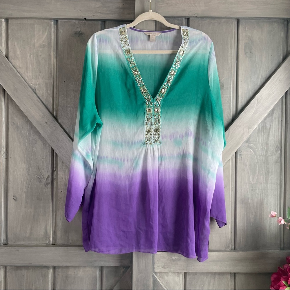 Laura Ashley Women’s Gradient‎ Aqua white purple swim coverup Size 2X sheer